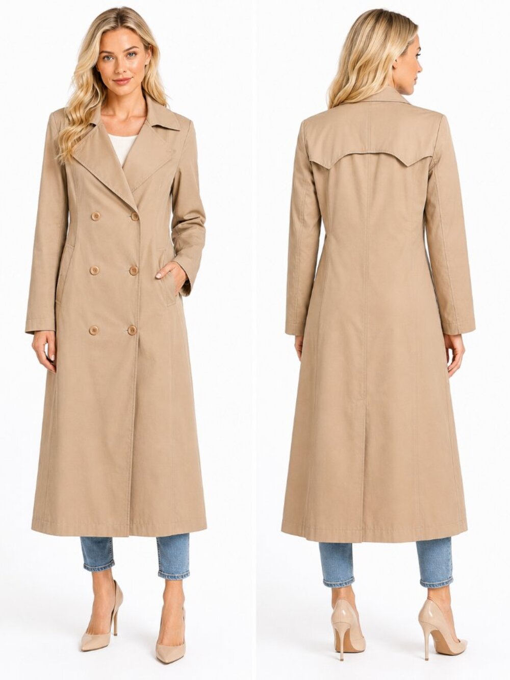 DKNY Classic Double Breasted Trench Coat Women's Tan Beige Long Size M Timeless!